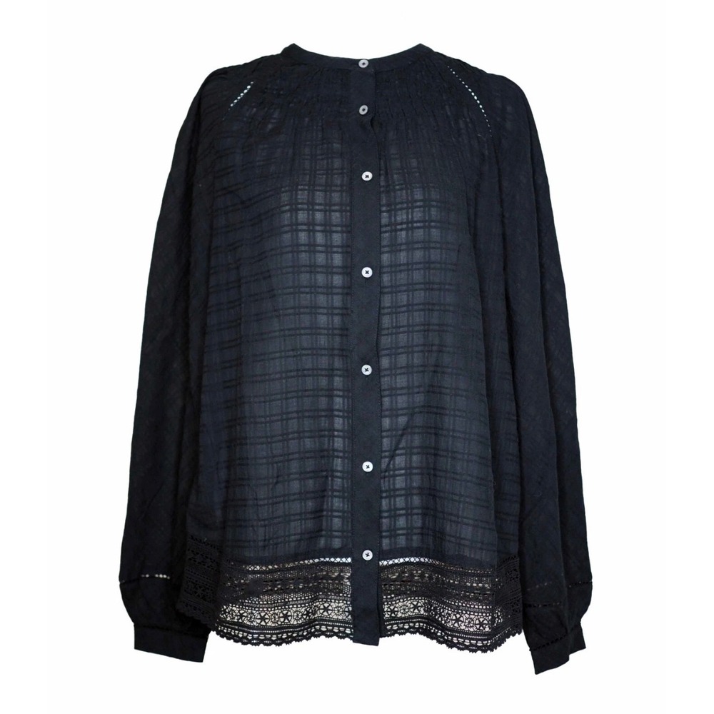 Point Sur J.Crew Black Cotton Gauze Smocked Lace Trim Blouse Small Whimsigoth